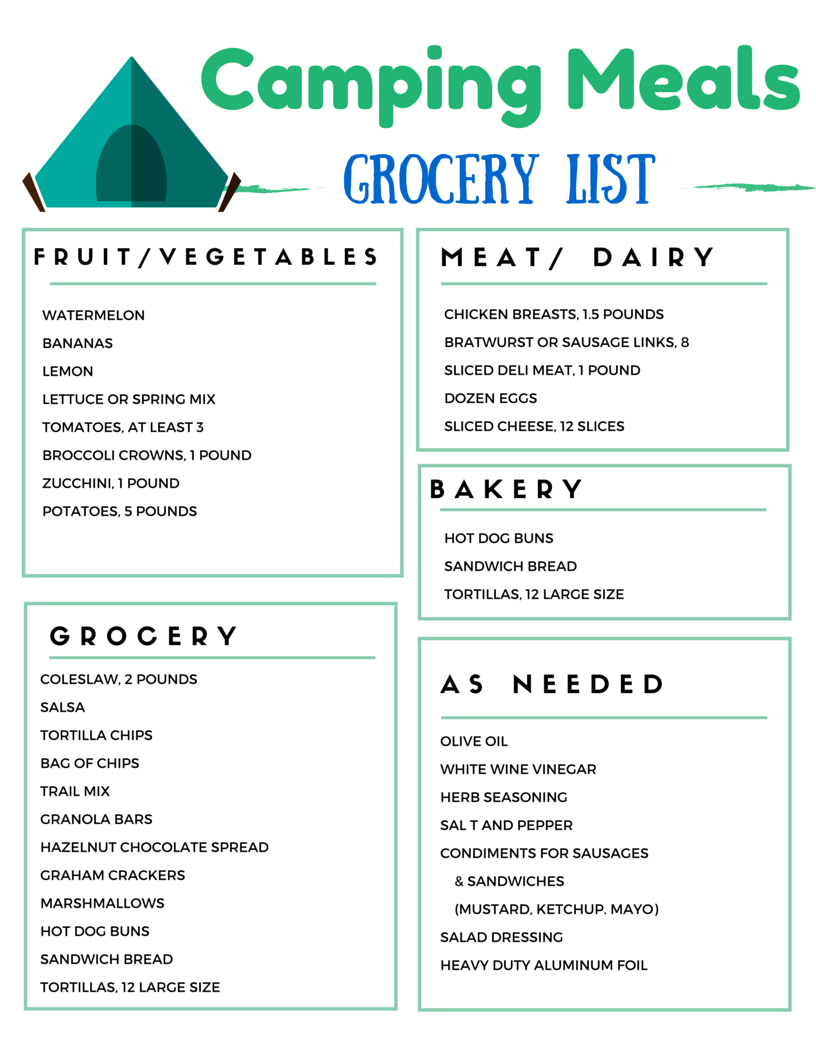 Camping Grocery List for weekend camping food menu | Camping Food: Meal